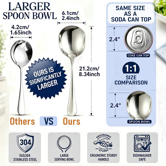 Alt view image 4 of 7 - 4-piece Serving Spoons, 18/8 stainless steel, Large Buffet Serving Spoon, 2 Slotted Spoons & 2 Solid Spoons, Heavy Duty 304 Stainless Steel Tabletop Flatware Utensil for Banquet, Cooking, and Kitchen