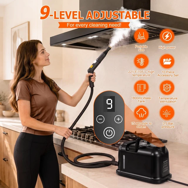 Alt view image 2 of 7 - Handheld Steam Cleaner for Home, 9-Level Steam Control, Black