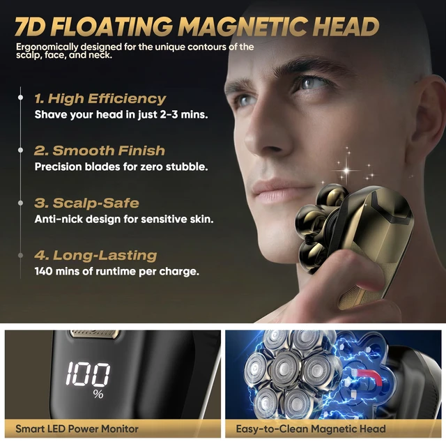 Alt view image 3 of 7 - Head Shavers for Bald Men, Electric Razor with 7D Magnetic Shaver Heads, Wet Dry Waterproof Bald Head Trimmer Kit for Women & Men, Nose Ear Hair Trimmer, USB Rechargeable Clippers, Bright Black