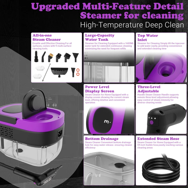 Alt view image 2 of 6 - Steam Cleaner 2500W Handheld Steamer with 1.6L Tank, 3 Steam Levels, Portable Steam Cleaning Machine for Home, Car Detailing, Furniture, Bed Bugs & Grout Purple