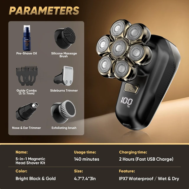 Alt view image 6 of 7 - Head Shavers for Bald Men, Electric Razor with 7D Magnetic Shaver Heads, Wet Dry Waterproof Bald Head Trimmer Kit for Women & Men, Nose Ear Hair Trimmer, USB Rechargeable Clippers, Bright Black