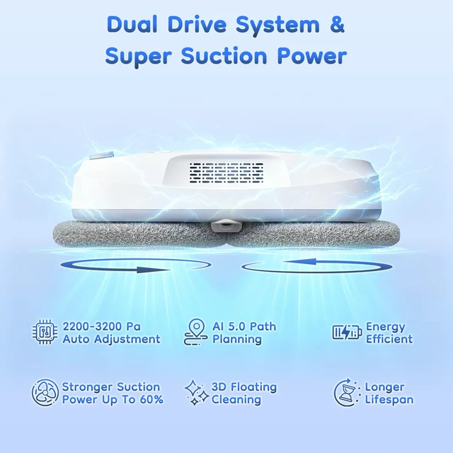 Alt view image 2 of 7 - 2026 Updated Window Cleaning Robot - Enhanced Battery, Max 6400Pa, Path Planning, Anti-Slipping, Edge Detection, Window Cleaner Robot for High-Rise Windows (2 pairs of nozzles, 10 cloths) (White)