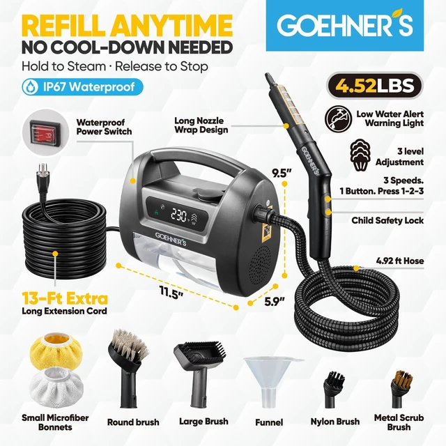 Alt view image 5 of 7 - 2026 Upgraded Handheld Steam Cleaner for Home, 30s Heats 230°F/3.5Bar High Pressure Hand held Steam Cleaner for Car Detailing with 13ft Cord, Steamer for Cleaning Grout