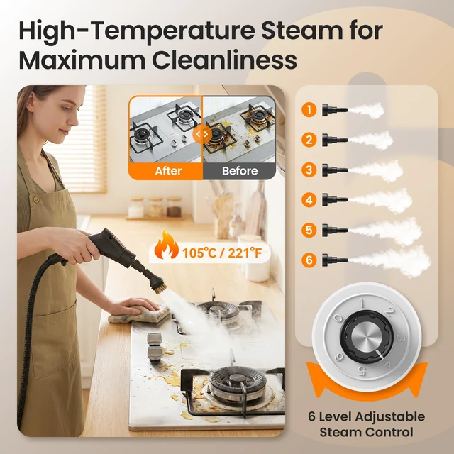 Alt view image 3 of 7 - 2500W Handheld Steam Cleaner for Home, 6-Level High Pressure Steam Gun, Steam Machine w/40.6oz Tank, Portable Car Steamer for Auto Detailing & Cleaning, Car, Floor, Furniture, Tile Grout, Wall