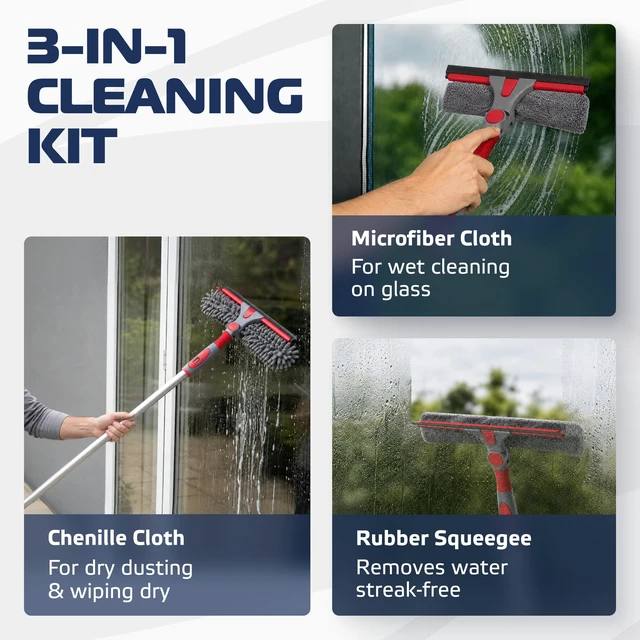 Alt view image 4 of 6 - DSV Standard 2-in-1 Window Cleaning Squeegee Kit with 60 Extension Pole, Rotatable Bendable Head, Microfiber & Chenille Pads, Window Cleaner Tool for Indoor/Outdoor, High Windows, Shower and Car