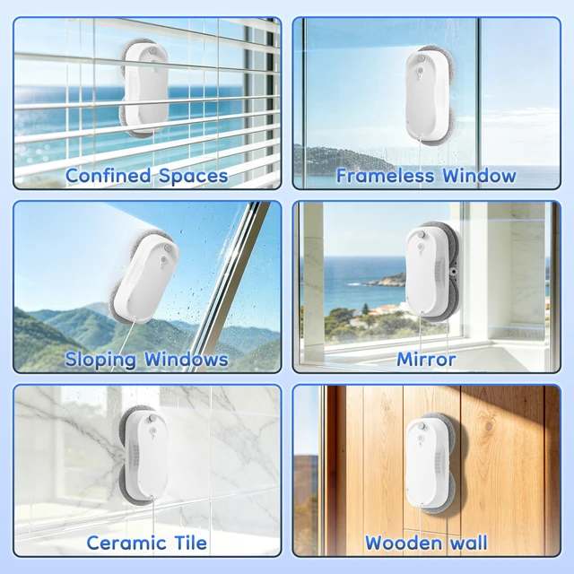 Alt view image 6 of 7 - 2026 Updated Window Cleaning Robot - Enhanced Battery, Max 6400Pa, Path Planning, Anti-Slipping, Edge Detection, Window Cleaner Robot for High-Rise Windows (2 pairs of nozzles, 10 cloths) (White)