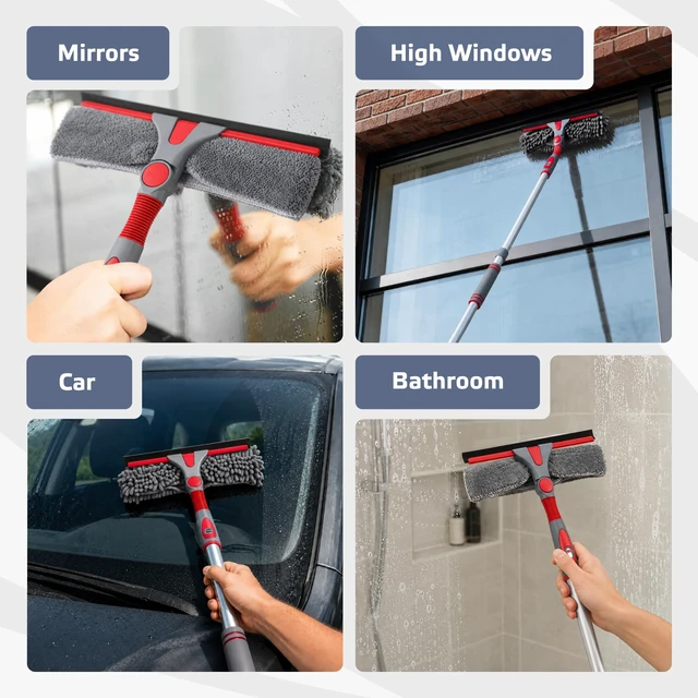 Alt view image 6 of 6 - DSV Standard 2-in-1 Window Cleaning Squeegee Kit with 60 Extension Pole, Rotatable Bendable Head, Microfiber & Chenille Pads, Window Cleaner Tool for Indoor/Outdoor, High Windows, Shower and Car