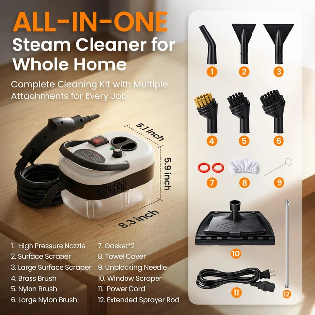 Alt view image 7 of 7 - 2500W Handheld Steam Cleaner for Home, 6-Level High Pressure Steam Gun, Steam Machine w/40.6oz Tank, Portable Car Steamer for Auto Detailing & Cleaning, Car, Floor, Furniture, Tile Grout, Wall