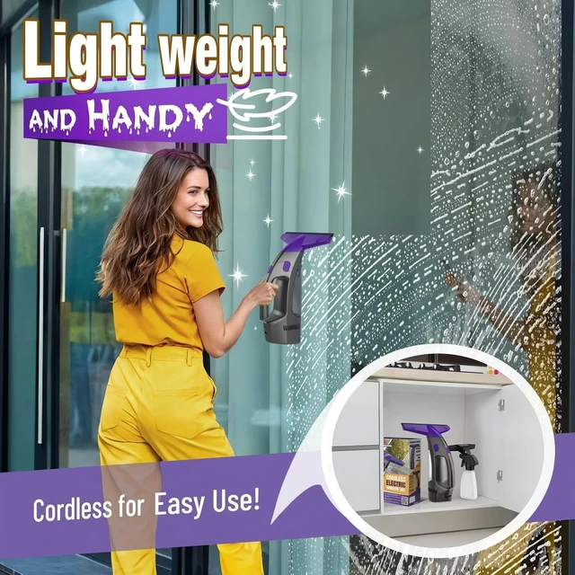 Alt view image 6 of 6 - Window Vacuum Squeegee Cordless, 2000Pa Electric Window Cleaner Tool with Spray Bottle & Microfiber Pad, Handheld Window Cleaning Kit for Streak-Free Glass, Shower Doors, Mirrors, Tiles, Car Windows