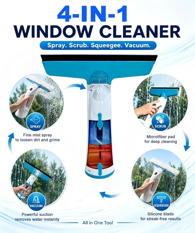 Alt view image 2 of 7 - 4-in-1 Window Vacuum Squeegee Cordless- 2200Pa & 180°Swivel Electric Window Cleaner Tool with 200ml Dirty Water Tank, Handheld Electric Squeegee for Door, Glass, Tile, Car