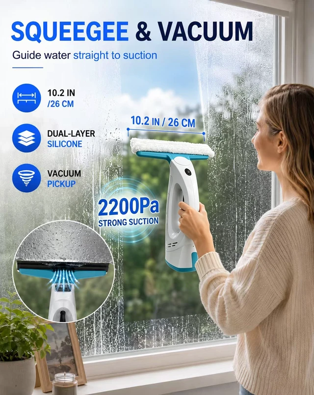 Alt view image 3 of 7 - 4-in-1 Window Vacuum Squeegee Cordless- 2200Pa & 180°Swivel Electric Window Cleaner Tool with 200ml Dirty Water Tank, Handheld Electric Squeegee for Door, Glass, Tile, Car