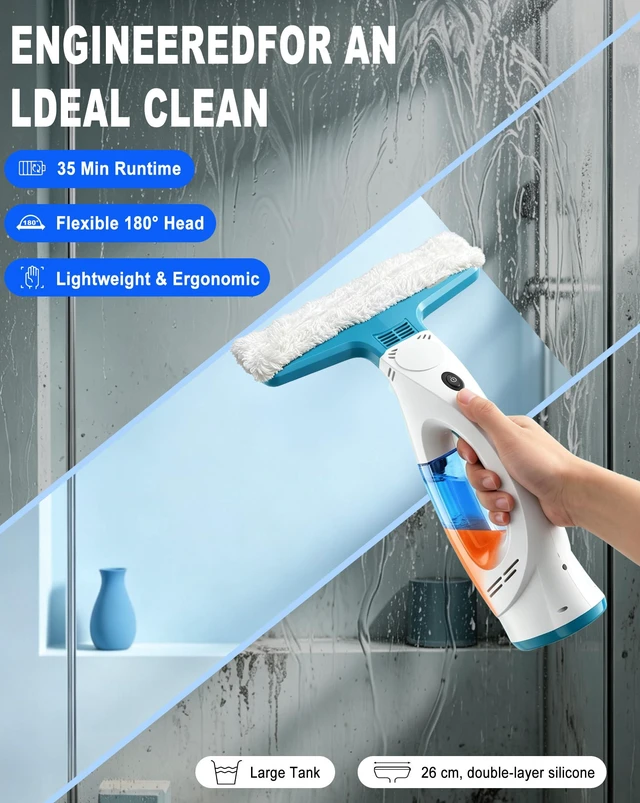 Alt view image 4 of 7 - 4-in-1 Window Vacuum Squeegee Cordless- 2200Pa & 180°Swivel Electric Window Cleaner Tool with 200ml Dirty Water Tank, Handheld Electric Squeegee for Door, Glass, Tile, Car