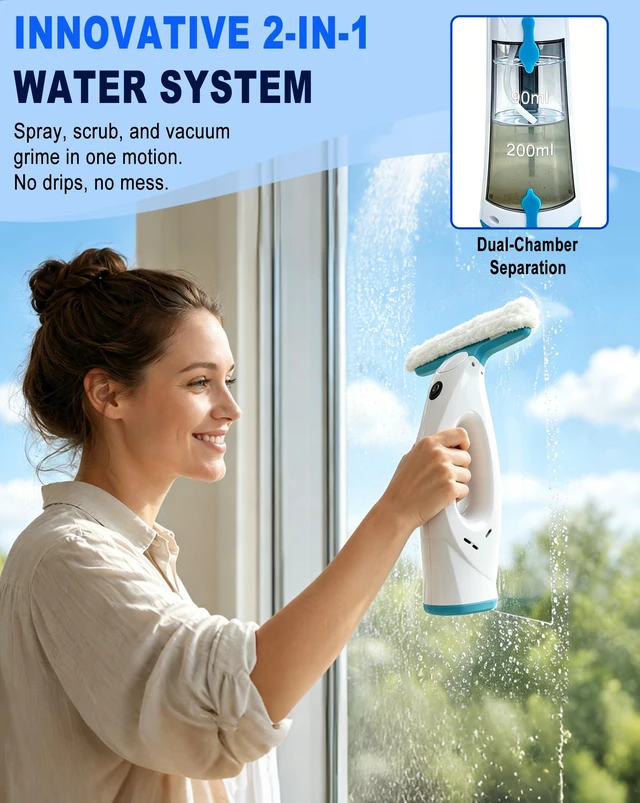 Alt view image 5 of 7 - 4-in-1 Window Vacuum Squeegee Cordless- 2200Pa & 180°Swivel Electric Window Cleaner Tool with 200ml Dirty Water Tank, Handheld Electric Squeegee for Door, Glass, Tile, Car