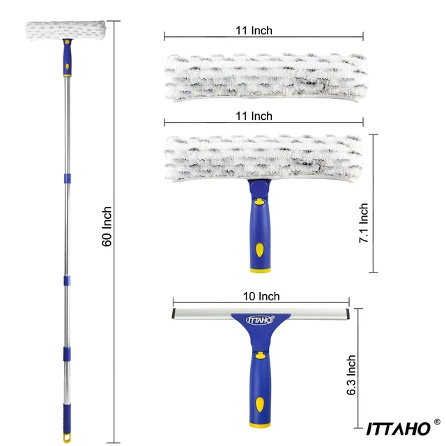 Alt view image 3 of 7 - Window Washing Kit with Extension Pole, 10" Squeegee & 11" Microfiber Scrubber Combi with Stainless Steel Pole, Window Cleaner for Car, Sliding Door,Shower Glass Door-Swivel Style-2 Pads