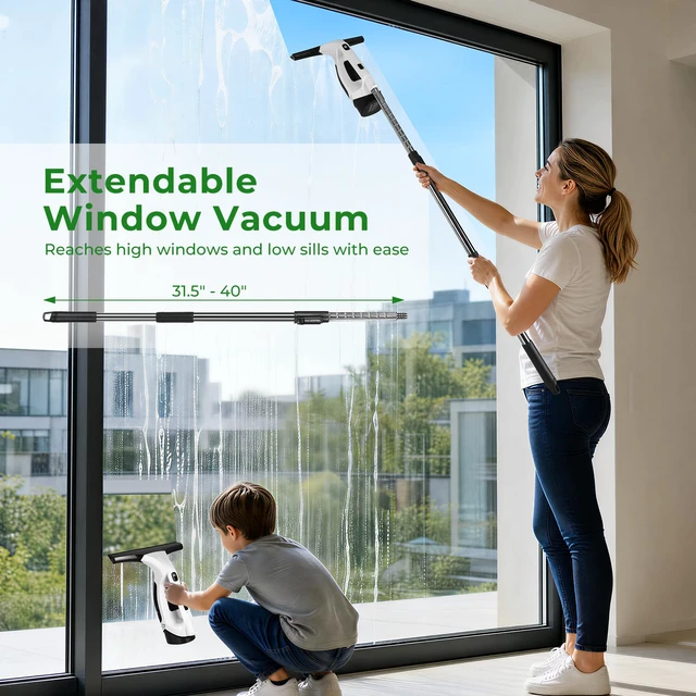 Alt view image 3 of 7 - FRUITEAM Window Vacuum Squeegee Cordless with 31.5" - 40" Extendable Pole
