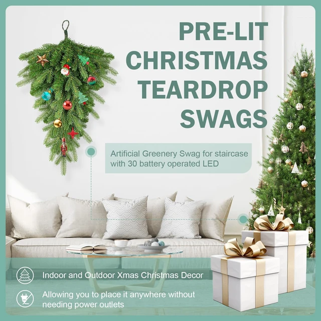 Alt view image 2 of 7 - Pre-Lit Christmas Teardrop Swag, 24" Door Swag with 30 LED