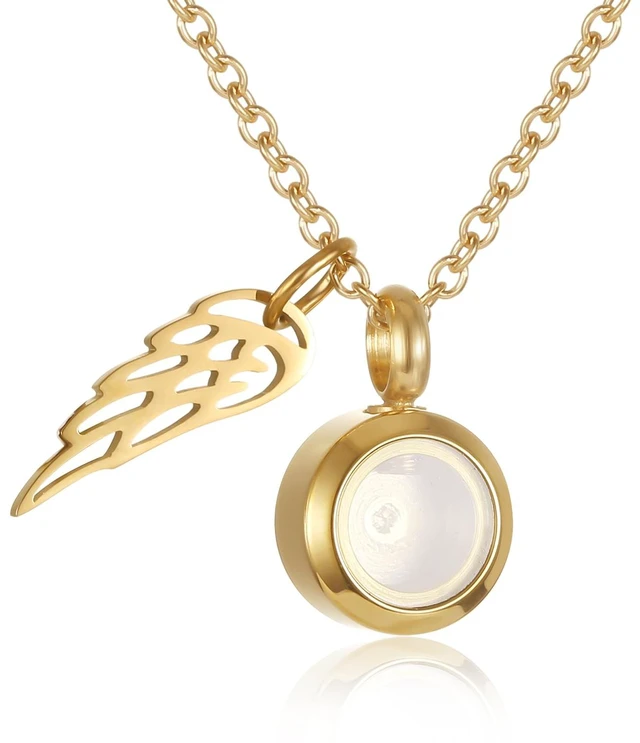 Main image of Tiny Glass Round Cremation Urn Necklace For Ashes For Women With Angel Wing Stainless Steel Memorial Locket Necklace Keepsake Jewelry