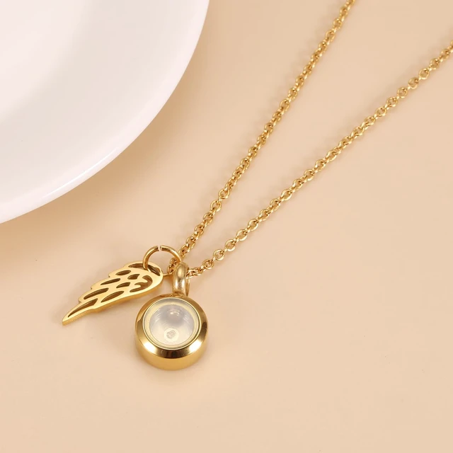Alt view image 3 of 6 - Tiny Glass Round Cremation Urn Necklace For Ashes For Women With Angel Wing Stainless Steel Memorial Locket Necklace Keepsake Jewelry