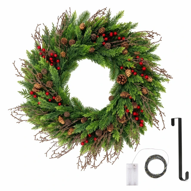 Main image of 24" Cedar Christmas Wreath for Front Door with Pine Cones & Red Berries