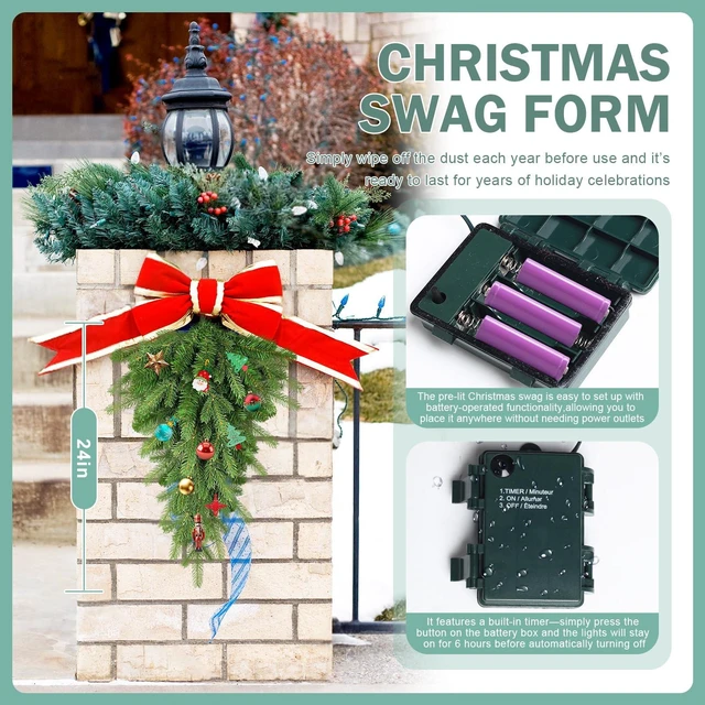 Alt view image 7 of 7 - Pre-Lit Christmas Teardrop Swag, 24" Door Swag with 30 LED