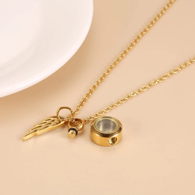 Alt view image 5 of 6 - Tiny Glass Round Cremation Urn Necklace For Ashes For Women With Angel Wing Stainless Steel Memorial Locket Necklace Keepsake Jewelry