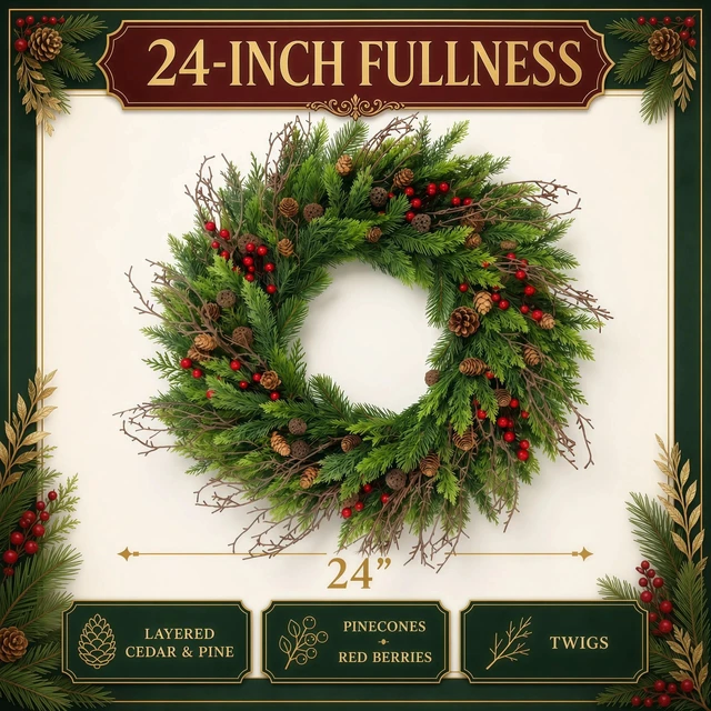 Alt view image 2 of 7 - 24" Cedar Christmas Wreath for Front Door with Pine Cones & Red Berries