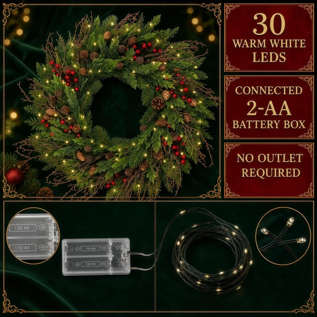 Alt view image 5 of 7 - 24" Cedar Christmas Wreath for Front Door with Pine Cones & Red Berries