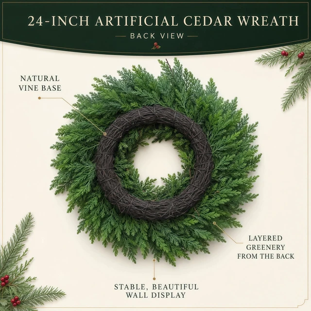 Alt view image 6 of 7 - 24" Cedar Christmas Wreath for Front Door with Pine Cones & Red Berries