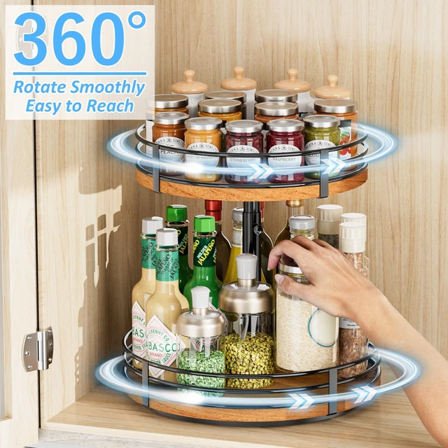 Alt view image 2 of 7 - Lazy Susan Turntable Organizer Adjustable - 2 Tier Wood Rotating Spice Rack 12 Inch Lazy Susan for Kitchen Countertop Cabinet Pantry Cupboard Dining Table Bathroom Coffee Bar Home Storage