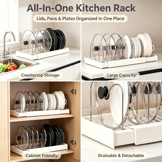 Alt view image 2 of 6 - Expandable Kitchen Pot & Pan Lid Storage Rack 2 Pack, Adjustable Divider Cabinet Organizer, Rustproof Stainless Steel Separators Smooth ABS Base for Cookware Container Lids