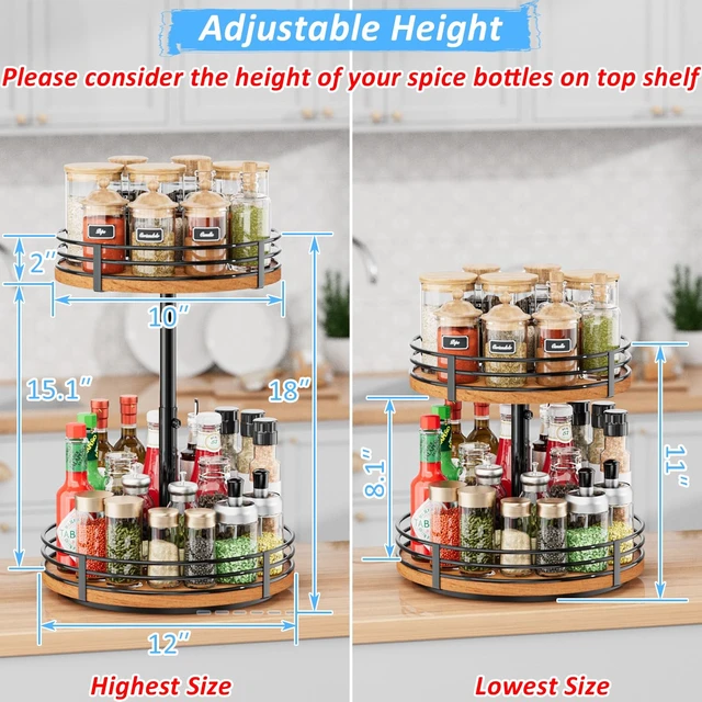 Alt view image 3 of 7 - Lazy Susan Turntable Organizer Adjustable - 2 Tier Wood Rotating Spice Rack 12 Inch Lazy Susan for Kitchen Countertop Cabinet Pantry Cupboard Dining Table Bathroom Coffee Bar Home Storage
