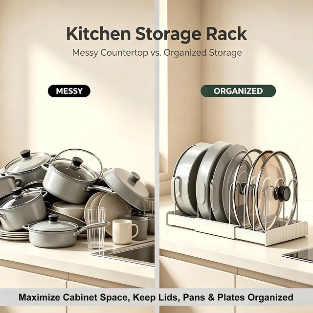 Alt view image 3 of 6 - Expandable Kitchen Pot & Pan Lid Storage Rack 2 Pack, Adjustable Divider Cabinet Organizer, Rustproof Stainless Steel Separators Smooth ABS Base for Cookware Container Lids