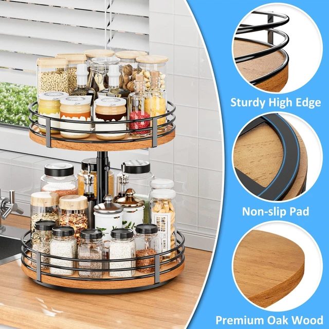 Alt view image 4 of 7 - Lazy Susan Turntable Organizer Adjustable - 2 Tier Wood Rotating Spice Rack 12 Inch Lazy Susan for Kitchen Countertop Cabinet Pantry Cupboard Dining Table Bathroom Coffee Bar Home Storage