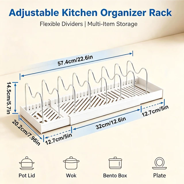 Alt view image 4 of 6 - Expandable Kitchen Pot & Pan Lid Storage Rack 2 Pack, Adjustable Divider Cabinet Organizer, Rustproof Stainless Steel Separators Smooth ABS Base for Cookware Container Lids