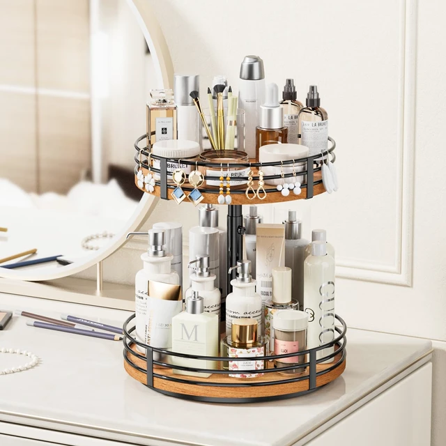Alt view image 5 of 7 - Lazy Susan Turntable Organizer Adjustable - 2 Tier Wood Rotating Spice Rack 12 Inch Lazy Susan for Kitchen Countertop Cabinet Pantry Cupboard Dining Table Bathroom Coffee Bar Home Storage