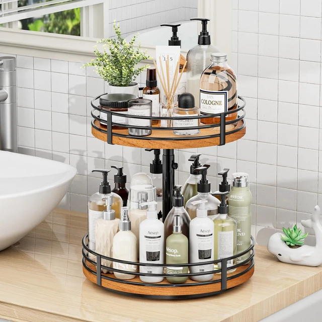 Alt view image 6 of 7 - Lazy Susan Turntable Organizer Adjustable - 2 Tier Wood Rotating Spice Rack 12 Inch Lazy Susan for Kitchen Countertop Cabinet Pantry Cupboard Dining Table Bathroom Coffee Bar Home Storage