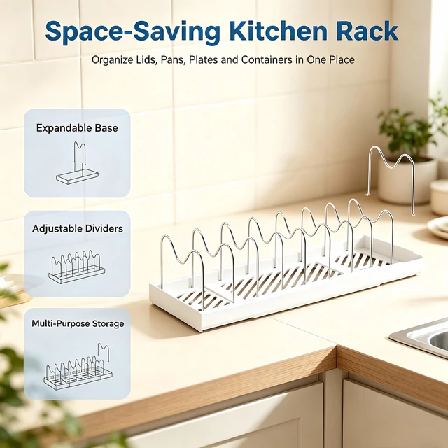 Alt view image 5 of 6 - Expandable Kitchen Pot & Pan Lid Storage Rack 2 Pack, Adjustable Divider Cabinet Organizer, Rustproof Stainless Steel Separators Smooth ABS Base for Cookware Container Lids