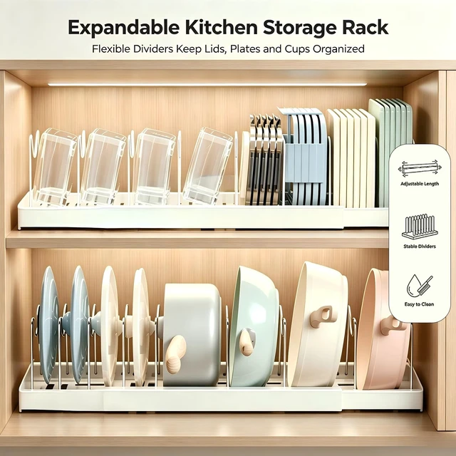 Alt view image 6 of 6 - Expandable Kitchen Pot & Pan Lid Storage Rack 2 Pack, Adjustable Divider Cabinet Organizer, Rustproof Stainless Steel Separators Smooth ABS Base for Cookware Container Lids
