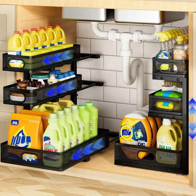 Main image of Under Sink Organizer 3 Tier, 2 Pack L-Shaped Pull-Out Cabinet Organizer with Sliding Metal Mesh Drawers, Height Adjustable Under Sink Storage Rack for Kitchen Bathroom Cabinet, Black