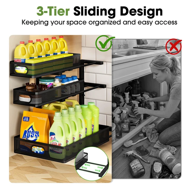 Alt view image 2 of 7 - Under Sink Organizer 3 Tier, 2 Pack L-Shaped Pull-Out Cabinet Organizer with Sliding Metal Mesh Drawers, Height Adjustable Under Sink Storage Rack for Kitchen Bathroom Cabinet, Black
