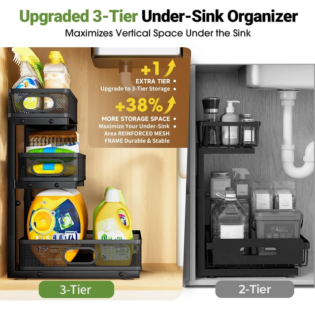 Alt view image 4 of 7 - Under Sink Organizer 3 Tier, 2 Pack L-Shaped Pull-Out Cabinet Organizer with Sliding Metal Mesh Drawers, Height Adjustable Under Sink Storage Rack for Kitchen Bathroom Cabinet, Black
