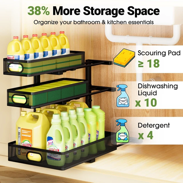 Alt view image 5 of 7 - Under Sink Organizer 3 Tier, 2 Pack L-Shaped Pull-Out Cabinet Organizer with Sliding Metal Mesh Drawers, Height Adjustable Under Sink Storage Rack for Kitchen Bathroom Cabinet, Black