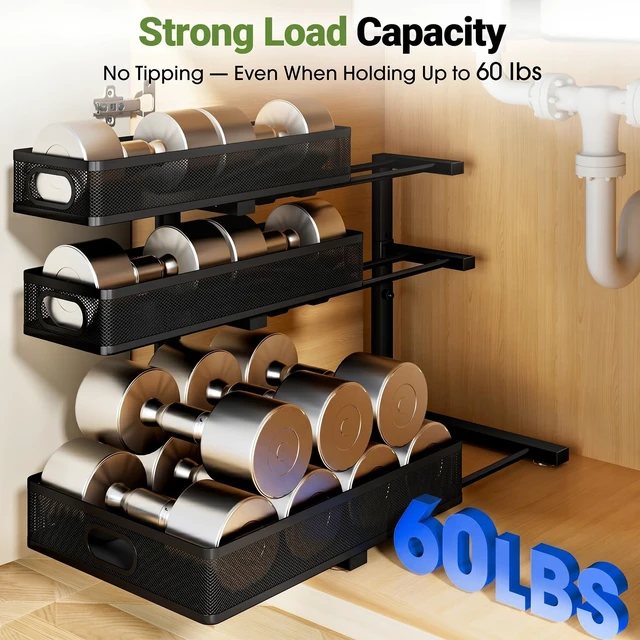 Alt view image 6 of 7 - Under Sink Organizer 3 Tier, 2 Pack L-Shaped Pull-Out Cabinet Organizer with Sliding Metal Mesh Drawers, Height Adjustable Under Sink Storage Rack for Kitchen Bathroom Cabinet, Black