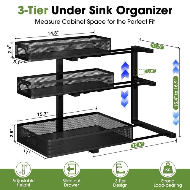Alt view image 7 of 7 - Under Sink Organizer 3 Tier, 2 Pack L-Shaped Pull-Out Cabinet Organizer with Sliding Metal Mesh Drawers, Height Adjustable Under Sink Storage Rack for Kitchen Bathroom Cabinet, Black