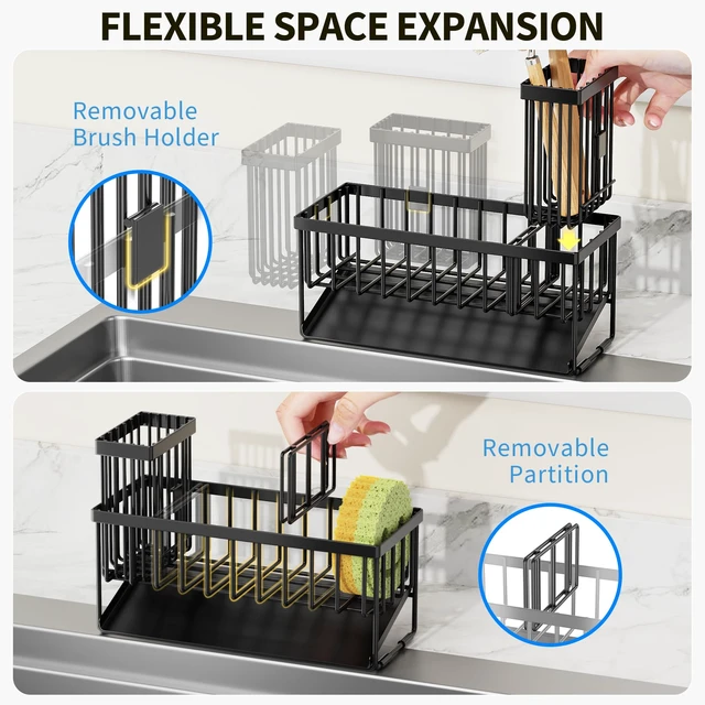 Alt view image 3 of 7 - Cisily Sink Caddy Sponge Holder for Kitchen with Brush Holder and Stainless Steel Self Drain Tray, Rustproof Kitchen Sink Organizer for Sponge, Soap Dispenser Storage Accessories