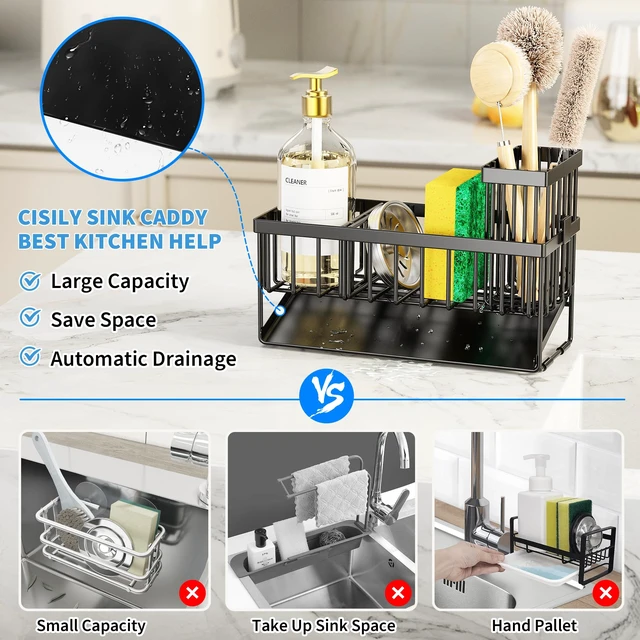 Alt view image 5 of 7 - Cisily Sink Caddy Sponge Holder for Kitchen with Brush Holder and Stainless Steel Self Drain Tray, Rustproof Kitchen Sink Organizer for Sponge, Soap Dispenser Storage Accessories