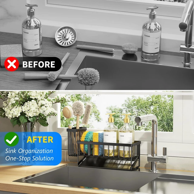 Alt view image 6 of 7 - Cisily Sink Caddy Sponge Holder for Kitchen with Brush Holder and Stainless Steel Self Drain Tray, Rustproof Kitchen Sink Organizer for Sponge, Soap Dispenser Storage Accessories