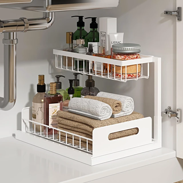 Main image of REALINN Under Sink Organizer, L-Shaped 2 Tier Pull Out Cabinet Organizer