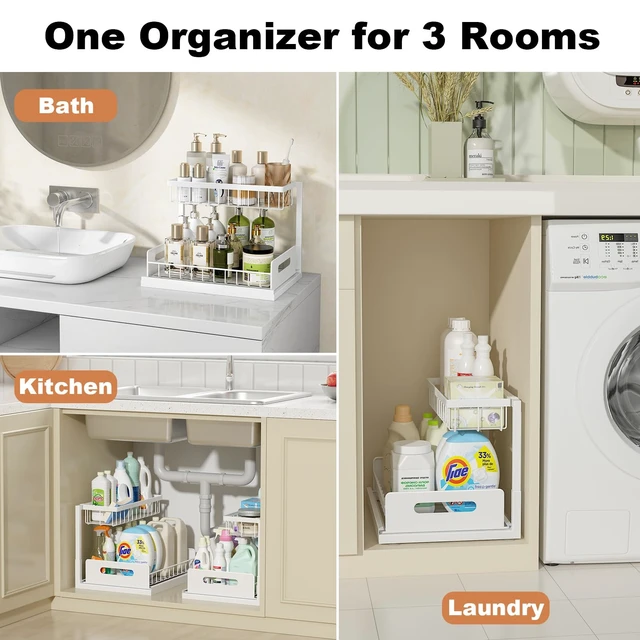 Alt view image 2 of 7 - REALINN Under Sink Organizer, L-Shaped 2 Tier Pull Out Cabinet Organizer