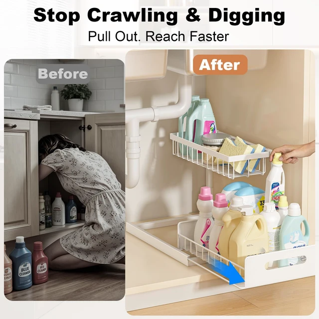 Alt view image 3 of 7 - REALINN Under Sink Organizer, L-Shaped 2 Tier Pull Out Cabinet Organizer